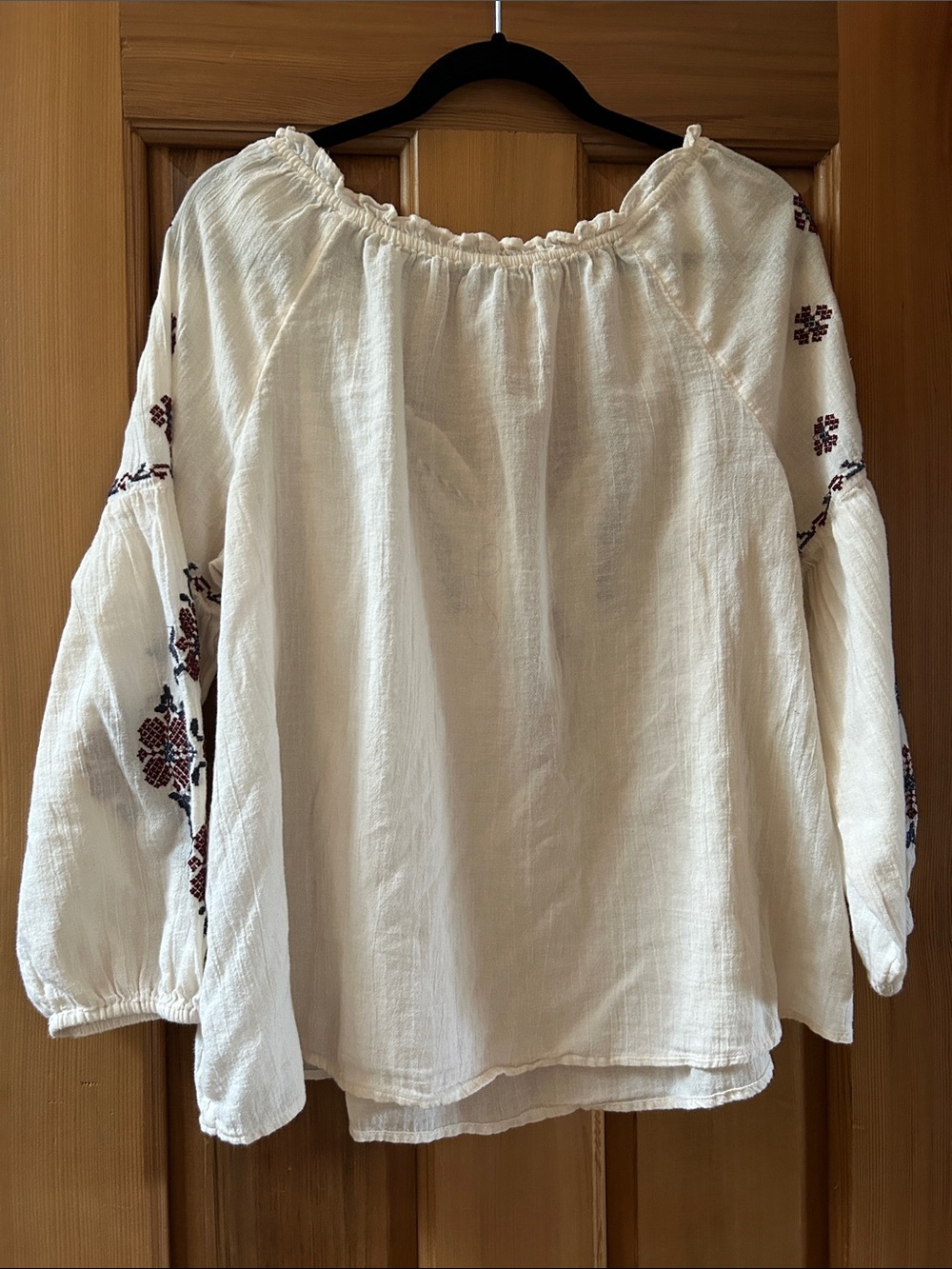 American Eagle Cream Peasant Tunic with Burgundy Embroidery and Navy Accents - Picture 3 of 4